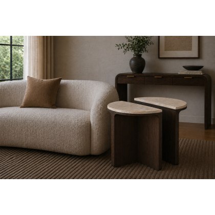 California Dark Oak Half Moon Nest of Tables with Travertine Top