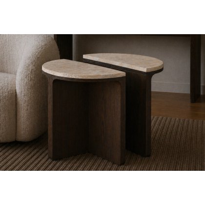 California Dark Oak Half Moon Nest of Tables with Travertine Top