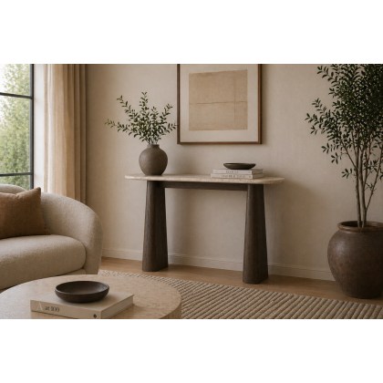 California Dark Oak Console Table with Travertine Top