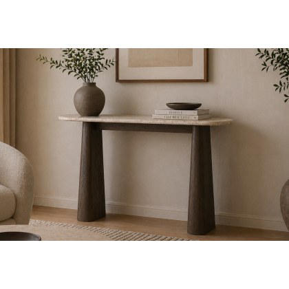 California Dark Oak Console Table with Travertine Top