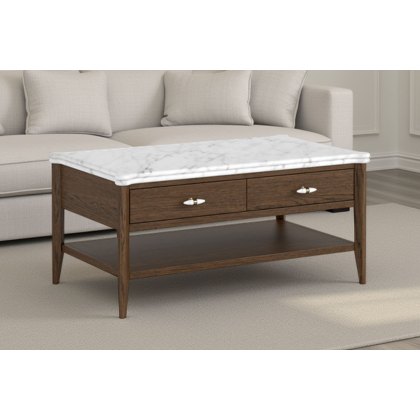 Florence Walnut Stained Oak Storage Coffee Table with Marble Top