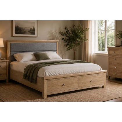 Normandy White Wash Storage Bedframe with Grey Fabric Headboard Normandy White Wash Storage Bedframe with Grey Fabric Headboard