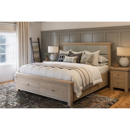 Normandy White Wash Storage Bedframe with Grey Fabric Headboard