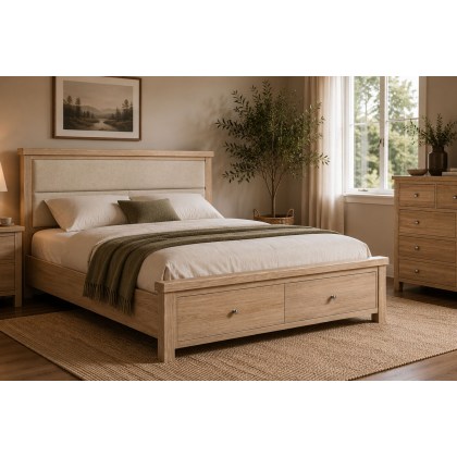 Normandy White Wash Storage Bedframe with Cream Herringbone Headboard Normandy White Wash Storage Bedframe with Cream Herringbone Headboard
