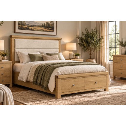 Normandy Chunky Country Oak Storage Bedframe with Cream Fabric Headboard Normandy Chunky Country Oak Storage Bedframe with Cream Fabric Headboard