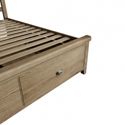 Smoked Oak Bed with Wooden Headboard and Drawers