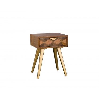 Geometric Mango Wood 1 Drawer Bedside Table with Brass Gold Legs