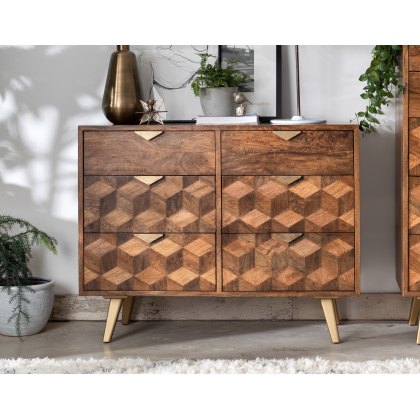 Geometric Mango Wood 6 Drawer Wide Chest of Drawer with Brass Gold Legs