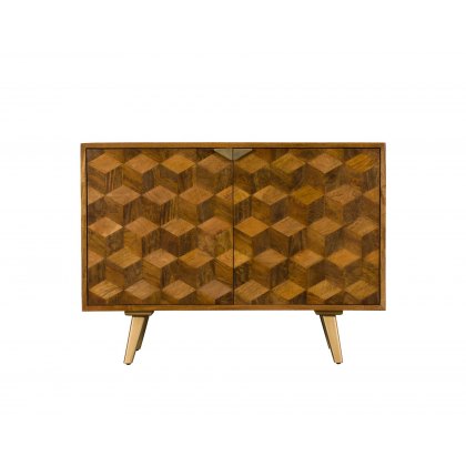 Geometric Mango Wood Narrow Sideboard with Brass Gold Legs