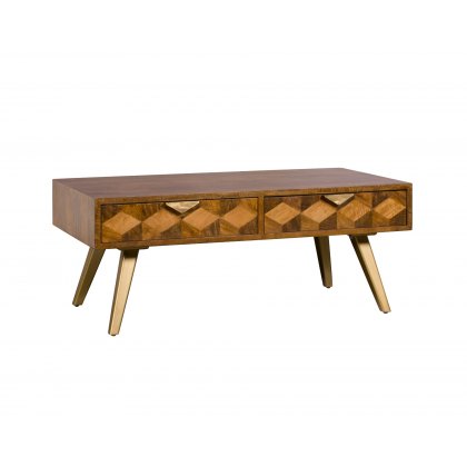Geometric Mango Wood Coffee Table with Brass Gold Legs