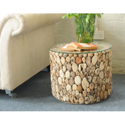 Driftwood Drum Lamp Table Glass Top