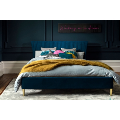 Lotus Velvet Pleated Bed Frame in Teal Blue