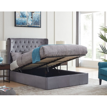 Holcombe King Size Ottoman Bed Frame in Grey Plush Fabric - STOCK