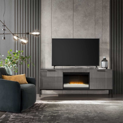 ALF Italia Novecento TV Stand with Fireplace Compartment in Silverwood High Gloss