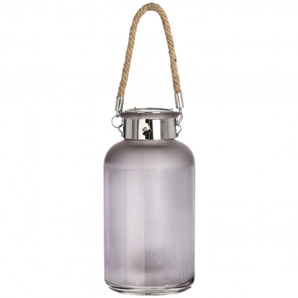 Frosted Grey Glass Lantern with Rope Detail and LED
