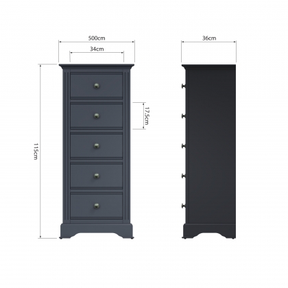 Oak City - Cotswold Midnight Grey 5 Drawer Narrow Chest