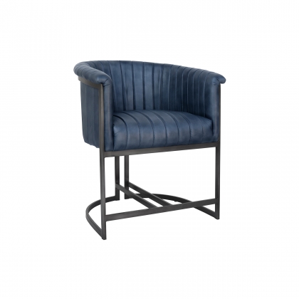 Curved Bucket Leather & Iron Dining Chair in Blue