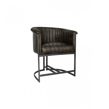 Curved Bucket Leather & Iron Dining Chair in Dark Grey