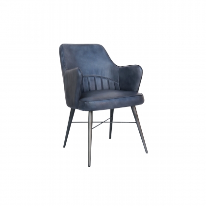 High Back Leather & Iron Dining Chair in Blue