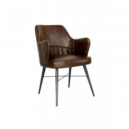 High Back Leather & Iron Dining Chair in Brown
