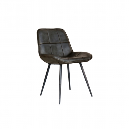 Panelled Leather & Iron Dining Chair in Dark Grey