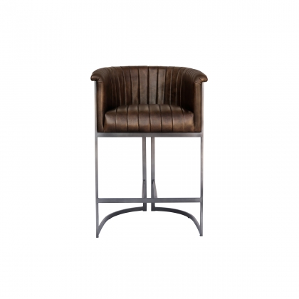 Curved Bucket Leather & Iron Bar Chair in Brown