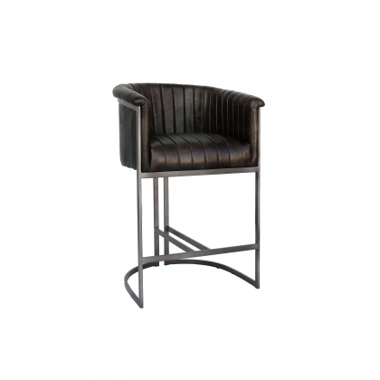 Curved Bucket Leather & Iron Bar Chair in Dark Grey