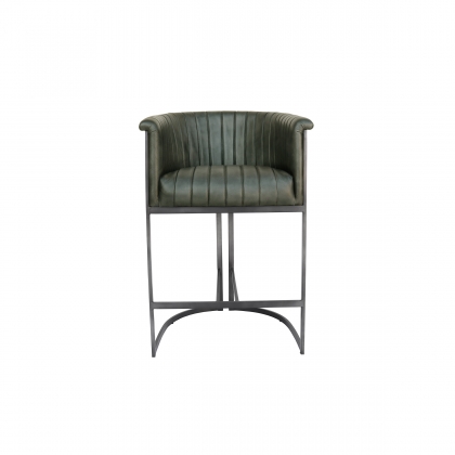 Curved Bucket Leather & Iron Bar Chair in Light Grey
