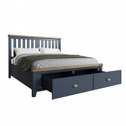 Smoked Painted Blue Oak Bed with Wooden Headboard & Drawers