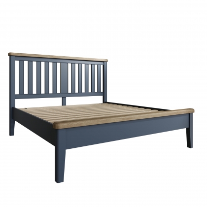 Smoked Painted Blue Oak Bed with Wooden Headboard & Low Foot End