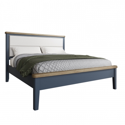 Smoked Painted Blue Oak Bed with Fabric Headboard & Low End