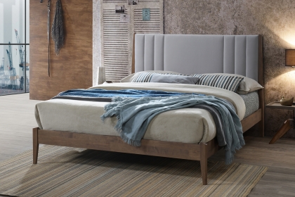 Landywood Dark Wood Bed Frame with Light Grey Velvet Headboard