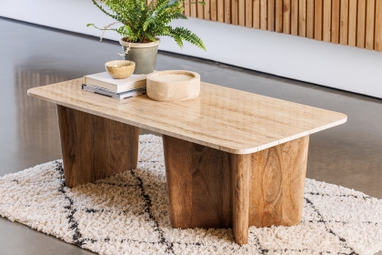 Eden Mango Wood Coffee Table with Travertine Tops