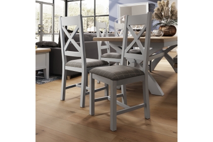 Smoked Oak Painted Grey Crossback Dining Chair with Fabric Check Grey Seat
