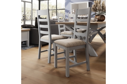 Smoked Oak Painted Grey Slatted Dining Chair with Fabric Check Natural Seat