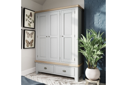 Smoked Oak Painted Grey 3 Door Wardrobe with Drawers