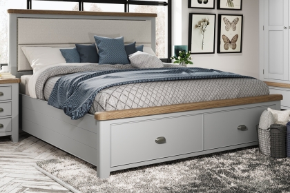 Smoked Oak Painted Grey Bed Frame with Upholstered Headboard and Drawers