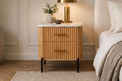 Reed Mango Wood & Marble 2 Drawer Bedside Table