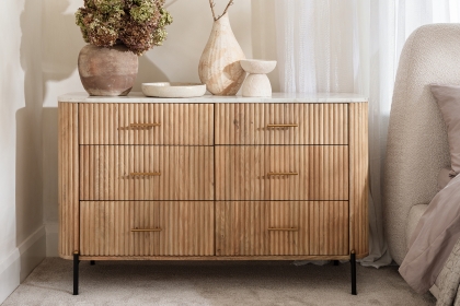 Rufus Reeded Mango Wood & Marble 6 Drawer Wide Chest of Drawers