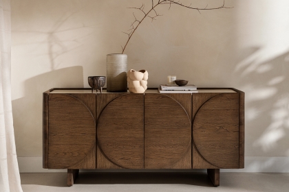 Ida Walnut Finish Wide Sideboard with Travertine Stone Top