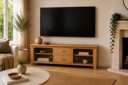 Devon 100% Solid Oak Large TV Unit with Glass Doors Devon 100% Solid Oak Large TV Unit with Glass Doors