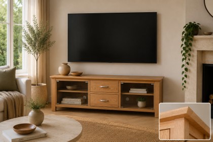 Devon 100% Solid Oak Large TV Unit with Glass Doors Devon 100% Solid Oak Large TV Unit with Glass Doors
