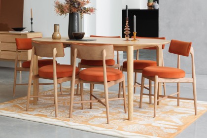 G Plan Winchester Retro Oak 130-170cm D-End Extending Dining Table Set & 4 Flora Orange Chairs