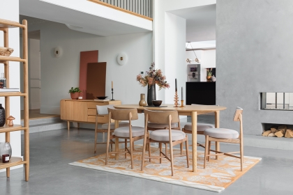 G Plan Winchester Retro Oak 130-170cm D-End Extending Dining Table Set & 4 Flora Taupe Chairs