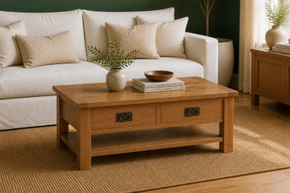 Salisbury Waxed Premium Oak Large Coffee Table With Drawer And Shelf - Self Assembly