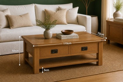 Salisbury Waxed Premium Oak Large Coffee Table With Drawer And Shelf - Self Assembly