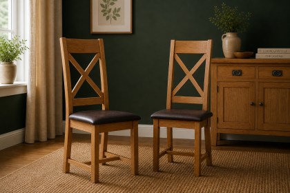 Salisbury Waxed Premium Oak Cross Back Dining Chair With Pu Seat (Pair) - Self Assembly