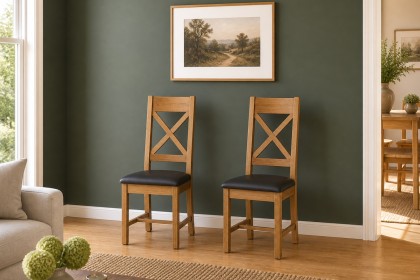 Salisbury Waxed Premium Oak Cross Back Dining Chair With Pu Seat (Pair) - Self Assembly