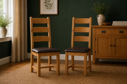 Salisbury Waxed Premium Oak Slatted Dining Chair With Pu Seat (Pair) - Self Assembly