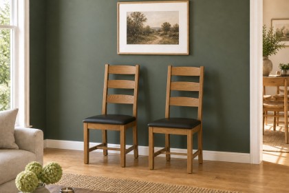 Salisbury Waxed Premium Oak Slatted Dining Chair With Pu Seat (Pair) - Self Assembly